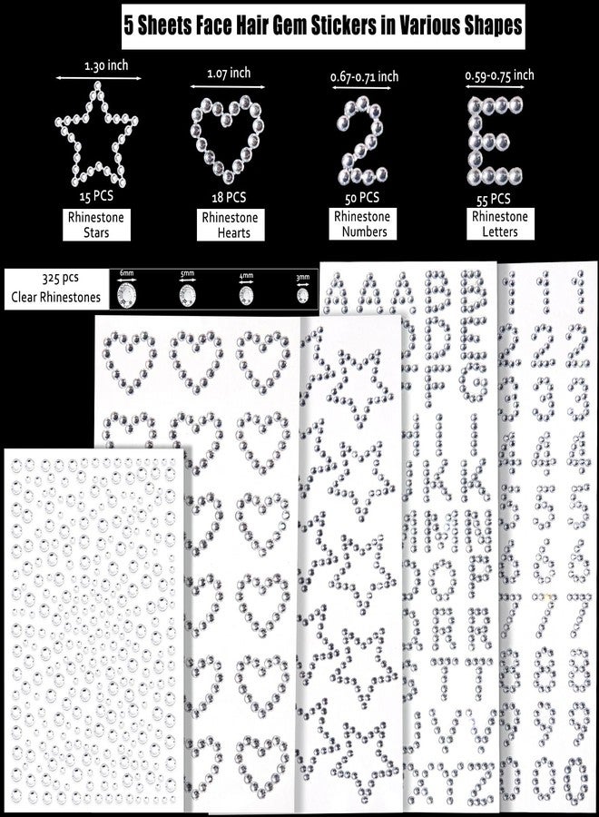 LOIKMIUP Hair Face Gems Jewels Self Adhesive Heart Numbers Letters Star Rhinestone Stickers, Stick on Rhinestones Stickers for Face, Hair, Makeup, Body, Crafts, Festival Decal Decor (5 Sheets, 463 Pcs) - Image 2
